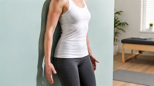 woman performing wall sit exercise for physical therapy rehabilitation in clinic. Patient doing muscle strengthening workout for back and posture correction. Recovery at medical center