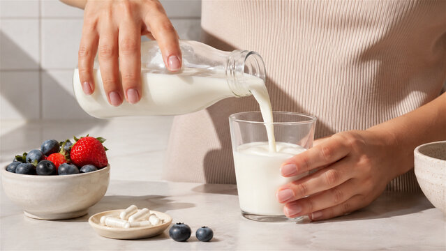 woman pouring fresh milk from glass bottle into glass for breakfast. Healthy morning nutrition with berry and supplement pill. Wellness lifestyle and balanced daily diet concept