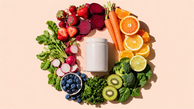 empty plastic container surrounded by fresh fruit and vegetable arranged in circle. Healthy food and vitamin supplement lifestyle concept. Organic produce for diet and nutrition plan