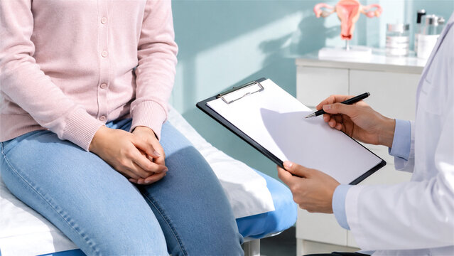 woman patient talking to gynecologist in office. Doctor writing information on clipboard during medical consultation. Healthcare clinic visit for reproductive health and checkup procedure