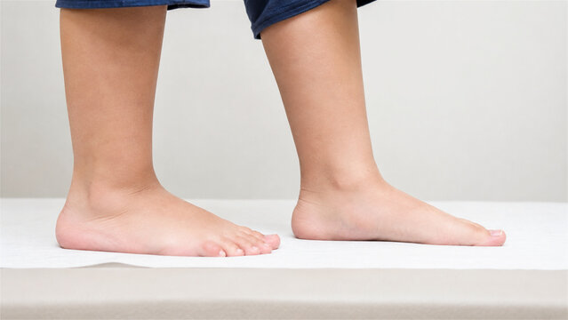 child feet standing on medical examination paper in clinic. Podiatrist checkup of flat foot or flatfoot posture. Orthopedic diagnosis for development of healthy gait and support