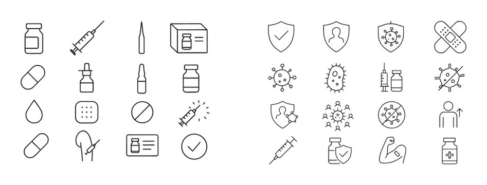 Medical and vaccine icons depicting pills and syringes