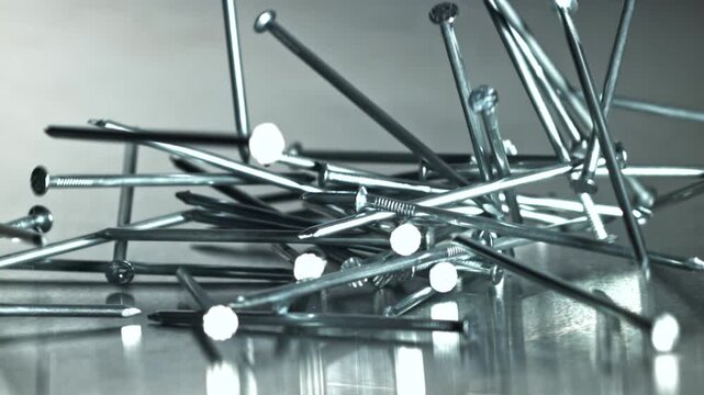 Cinematic nails cascading across steel surface, slowmotion kinetic Filmed on a high-speed camera at 1000 fps.