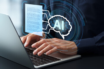 AI document generation. Automated business text writing tool. Businessman using generative AI to...