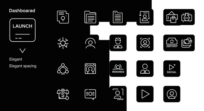 Modern UI Icons Set: Dashboard, Launch, User, File, Video, Network