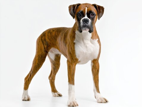 Brindle Boxer Dog Standing Proudly on a White Seamless Background Studio Portrait