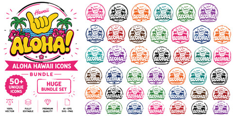 Aloha Hawaii icons bundle, 50 plus unique tropical vector elements, colorful summer vacation stickers and shaka hand symbols for travel branding © ya Allah madad