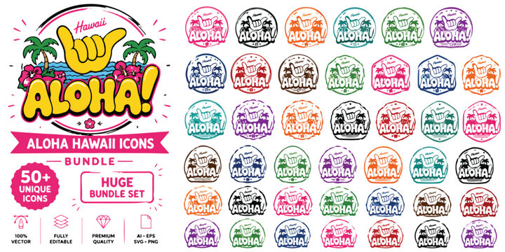 Aloha Hawaii icons bundle, 50 plus unique tropical vector elements, colorful summer vacation stickers and shaka hand symbols for travel branding