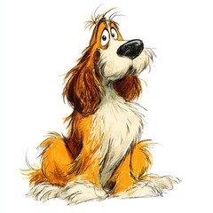 Naklejka premium Brown Long Haired Dog Sitting And Looking Up White Background Sketch Style