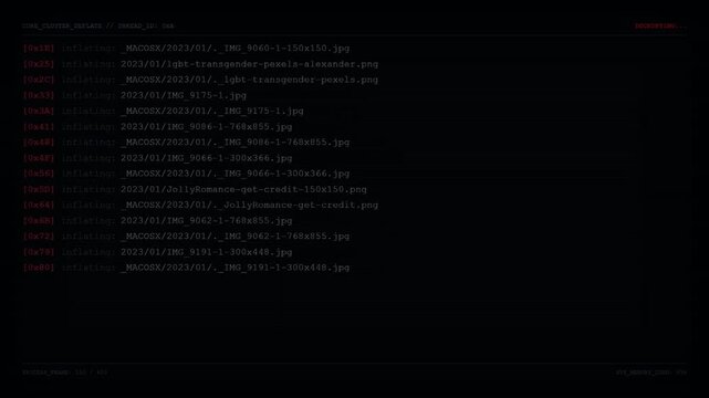 Core Cluster Deflate Terminal Monitor Displaying Remote Server Malicious Payload Injection Attack Script And Corrupted Directory Extraction Log Red HUD Screen.