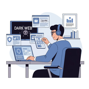 Vector illustration of a male cybersecurity expert monitoring dark web threats and data analytics across multiple digital screens, laptop, and interactive tablet interface at a desk.