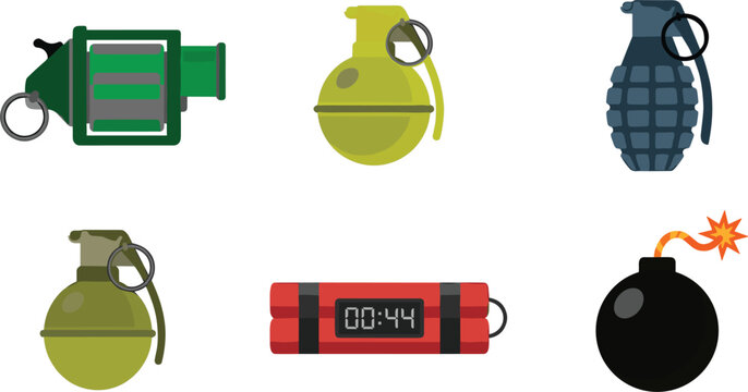 Military hand grenades dynamite time bomb and explosive weapons vector illustration flat icon set