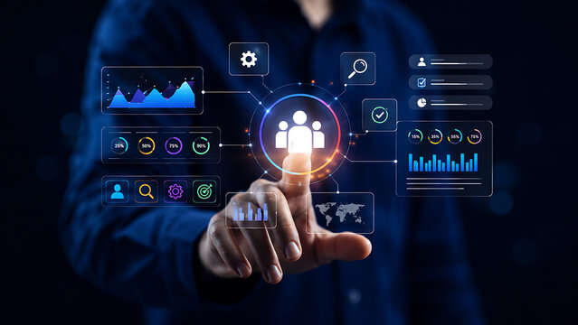 Customer analytics and user data insights concept with digital dashboard showing performance metrics segmentation and business intelligence visualization