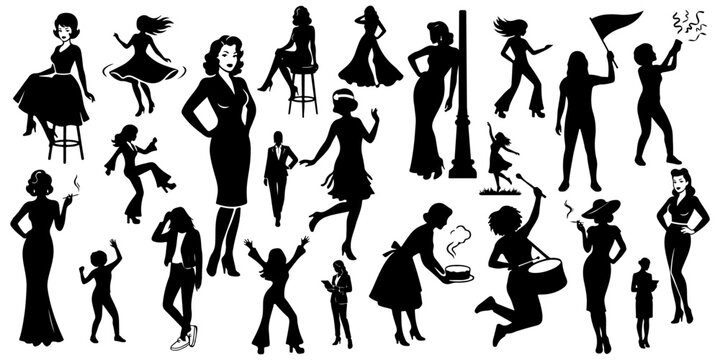 Women lifestyle and poses mega black silhouette character set with dancing, cooking, reading, celebrating, fashion, pinup, retro and modern figures isolated on transparent background