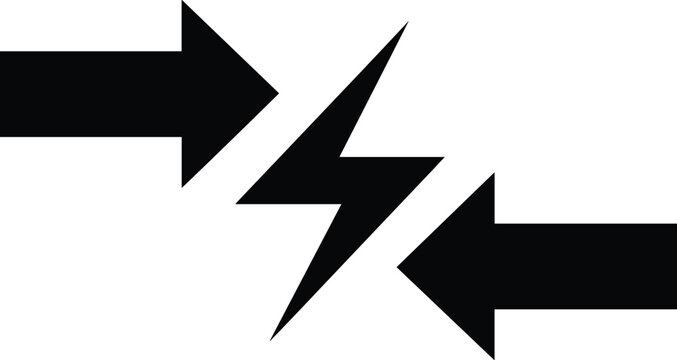 Conflict concept with two opposing arrows and lightning bolt symbol representing competition or collision.