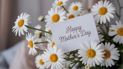 Obraz premium Close-up of a bouquet of white daisies with a 'Happy Mother's Day' card, soft natural light