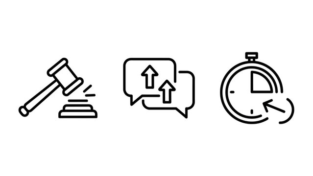 Business and legal icons representing gavel judgment customer feedback chat bubbles time tracking clock judgment feedback communication conversation tracking management deadline business
