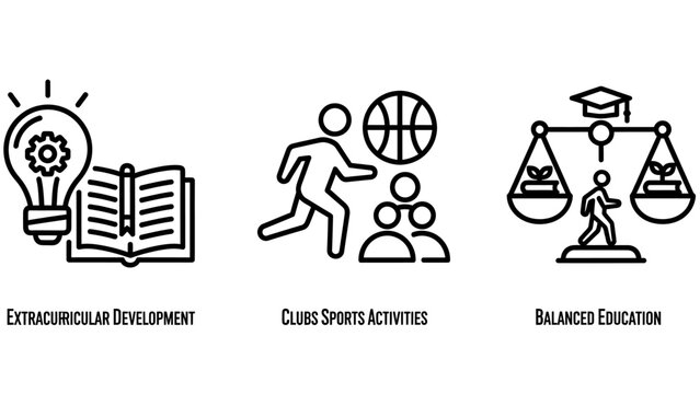 Education and sports extracurricular development activity icons with education development activity extracurricular knowledge learning academic training coaching exercise basketball