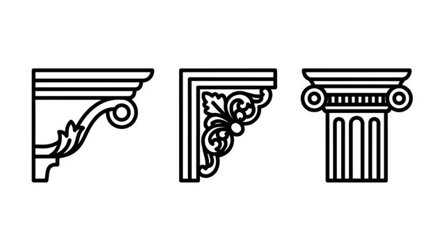 Set of architectural ornament icons showing decorative corbels and a classic ionic column capital with architecture ornament classical decorative building sculpture interior exterior structure