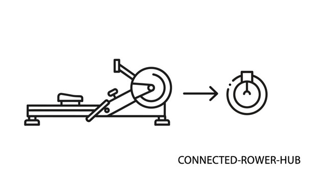 Connected rower hub concept linear icon illustration with connected equipment technology training exercise internet activity monitoring tracking performance interface software innovation