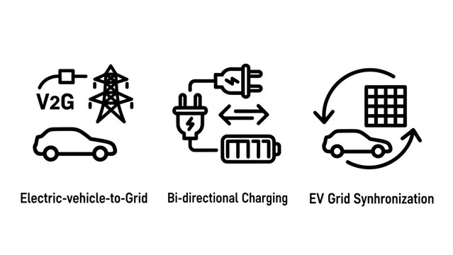 Electric vehicle grid v2g charging and synchronization icons set with electric charging synchronization bidirectional sustainability transport automobile technology infrastructure renewables