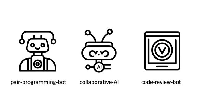 Set of artificial intelligence icons including a pair programming robot a collaborative AI assistant a code review bot for software development software programming collaboration automation