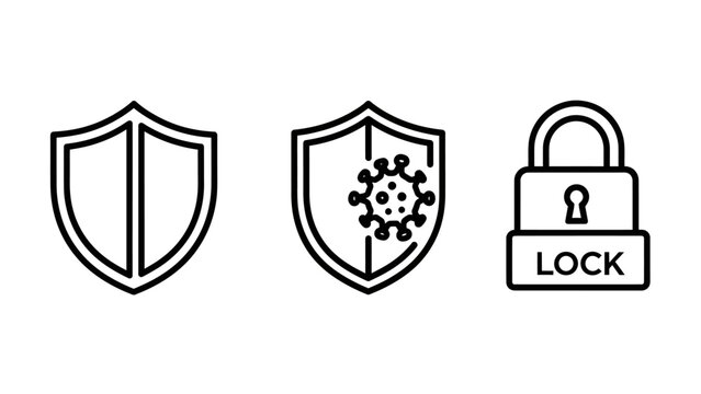 Safety and protection icon set including shield and lock with security protection infection prevention biosecurity technology monochrome password shielding verification guarantee strength