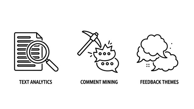Set of data analytics and feedback mining line icons featuring text analysis and comment processing analytics feedback analysis magnifying document business information research intelligence