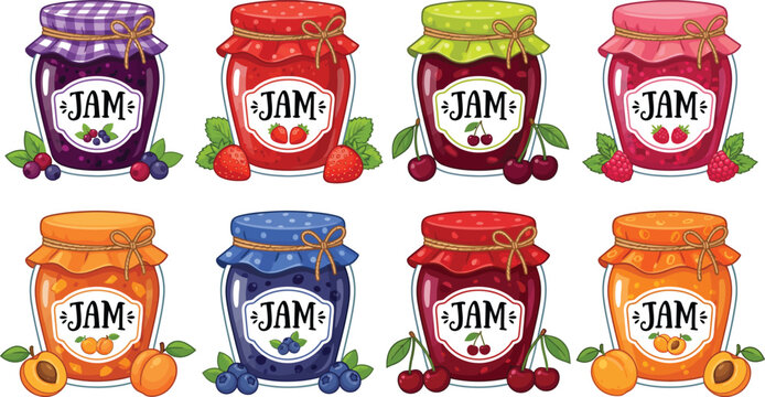 Colorful assortment of fruit jam jars illustration