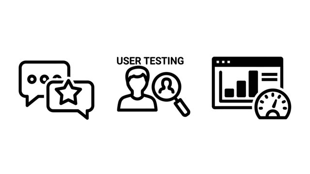 Set of UI UX research and performance evaluation line icons featuring feedback user testing dashboard analytics research feedback usability analytics dashboard performance interface internet