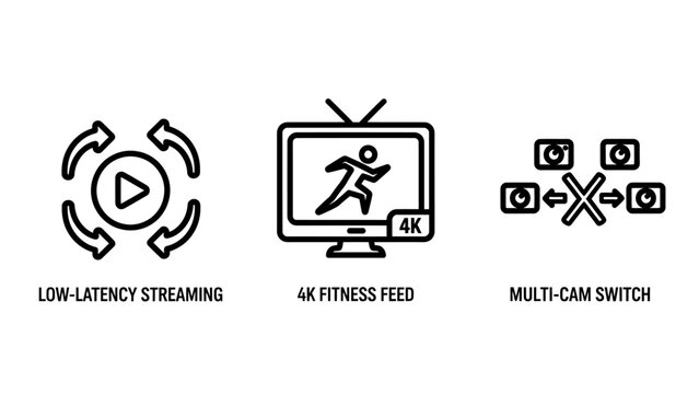 Media broadcasting and streaming technology icons with streaming broadcast technology production television multicam connection software transmission exercise equipment internet playback