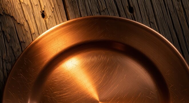 Burnished Copper Plate with Microscopic Scratches Against Rustic Wood Grain Background