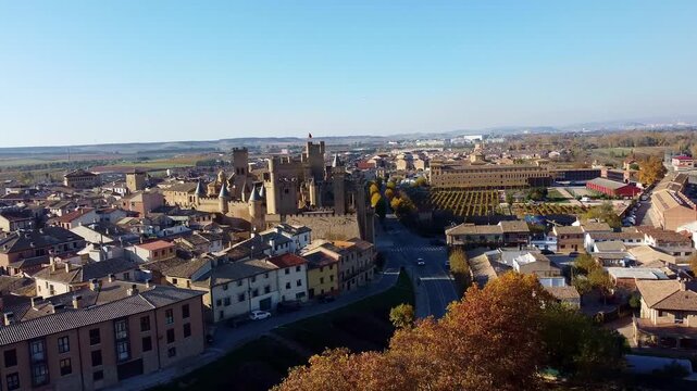 Royal Palace of Olite. Aerial view of the castle and medieval battlements at sunset. Fairytale castle. Olite. Navarre. Spain.