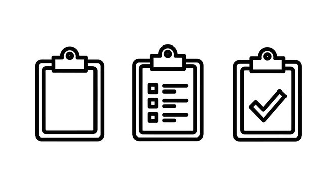Set of office clipboard icons representing checklist and document review with clipboard checklist document planning business management organization tracking progress completion verification