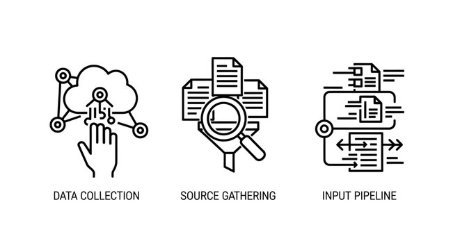 Data collection and analysis process icons for big data and information gathering with collection analysis gathering information processing research pipeline statistics management technology