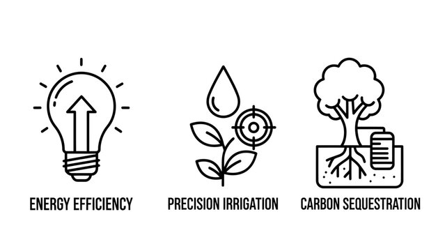 Set of sustainability and environmental icons including energy efficiency precision irrigation carbon sequestration with environment sustainability efficiency irrigation sequestration resource