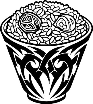 Stylized Bowl of Rice with Decorative Tribal Art
