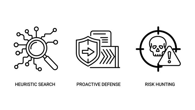Set of cybersecurity and risk management icons featuring heuristic search proactive defense shield threat hunting cybersecurity security heuristic protection abstract technology information