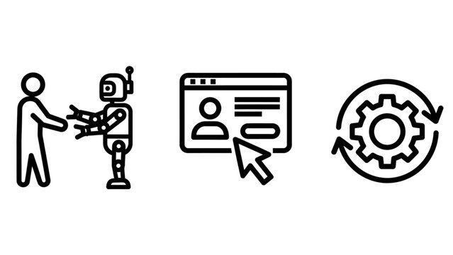 Human robot interaction web user interface process automation icon set with interaction interface automation technology artificial intelligence connection collaboration software development