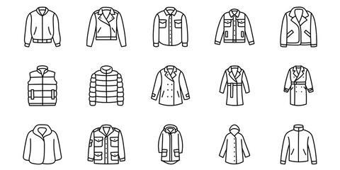 Winter Jackets and Outerwear Line Icons Set. Coat, Jacket, Raincoat, Suit, Denim, Leather, Fleece and Waterproof Clothing Vector Illustration Collection. © bobyl