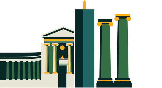 Illustration of Classical Greek Architecture Columns and Temple.