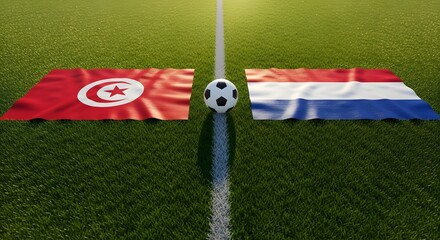 Obraz premium Tunisia and Netherlands flags with soccer ball on grass field