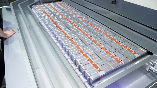 Medium shot of CATL prismatic battery cells arranged in an EV battery pack, showcasing electric vehicle technology, energy storage systems, and modern industrial manufacturing.