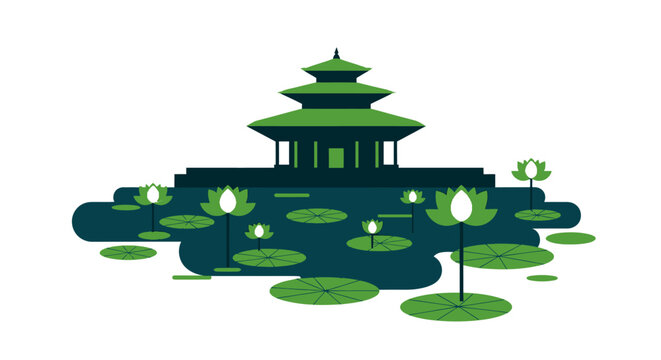 Traditional Asian Pagoda Surrounded by Water Lilies Illustration.