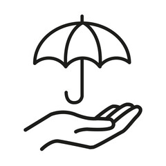 Obraz premium Hand holding open umbrella black vector icon features safe shield. Security insurance concept enhances rain protection.
