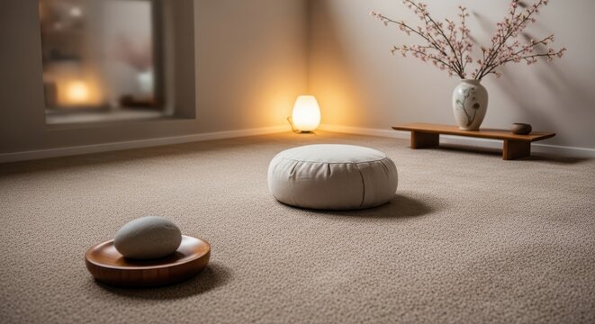 A soft, muted beige meditation cushion rests on a tranquil carpeted floor, creating a peaceful interior space for mindfulness practice.