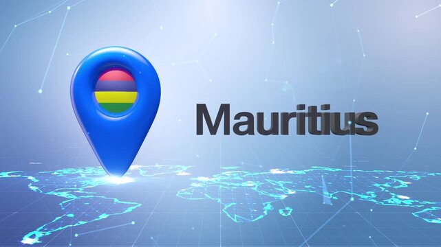Mauritius Flag Inside Location Pin On Digital World Map Animation