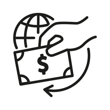 Global remittance cash hand features black vector icon. Worldwide transaction concept represents money transfer.