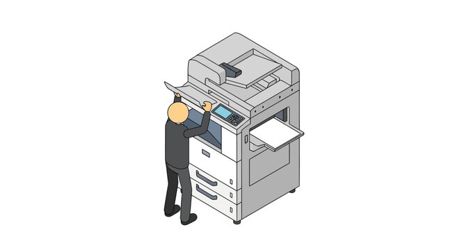 Office worker fixing large digital photocopier machine.