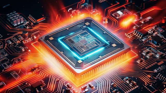 Abstract digital processor microchip over glowing circuit board background 4K video technology hardware computer